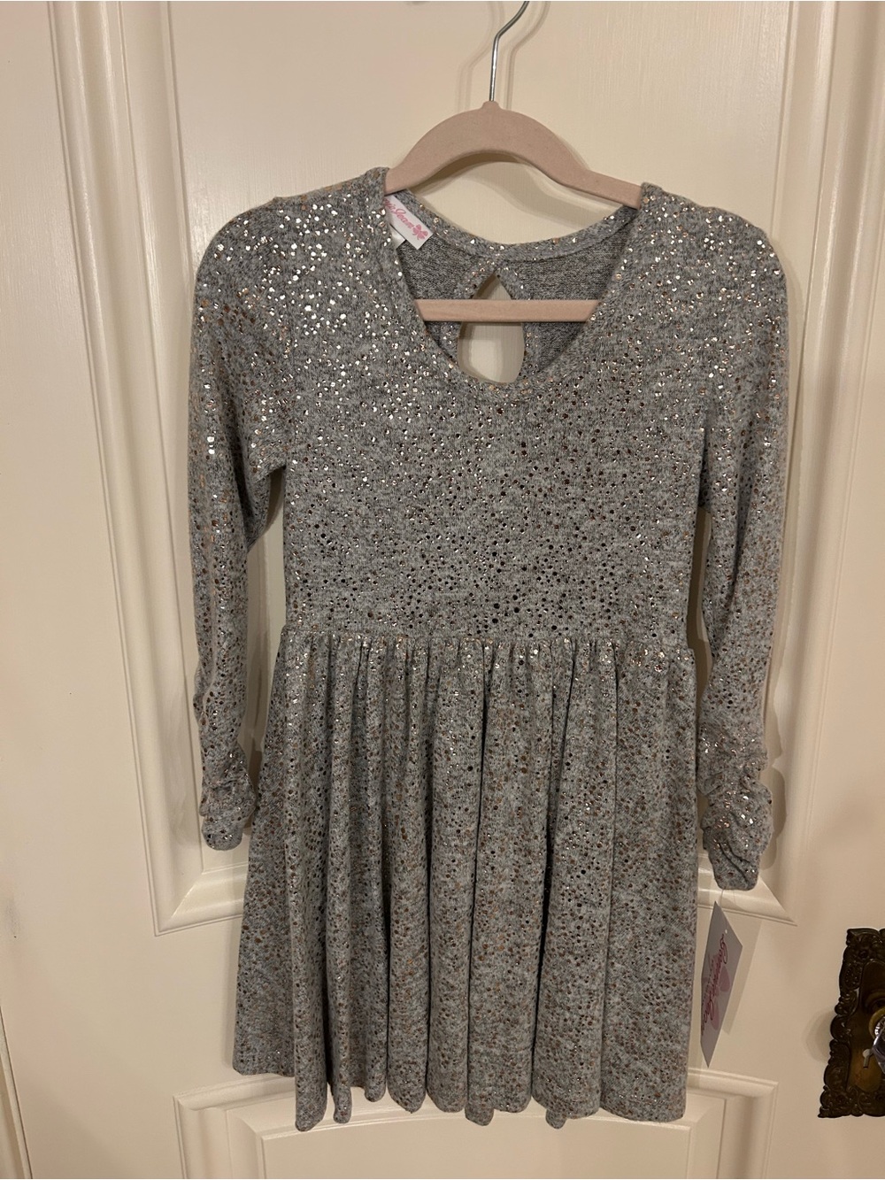 Bonnie Jean Rose Gold Sparkle and Heather Gray Long-Sleeve Dress